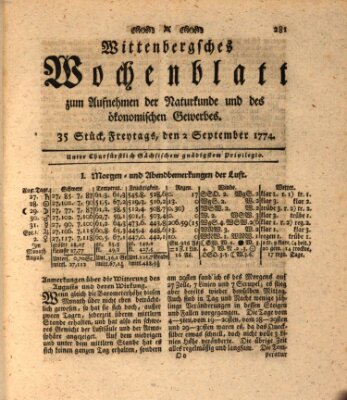 Wittenbergsches Wochenblatt zum Aufnehmen der Naturkunde und des ökonomischen Gewerbes Freitag 2. September 1774