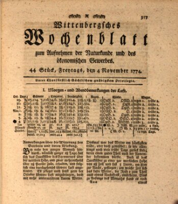 Wittenbergsches Wochenblatt zum Aufnehmen der Naturkunde und des ökonomischen Gewerbes Freitag 4. November 1774