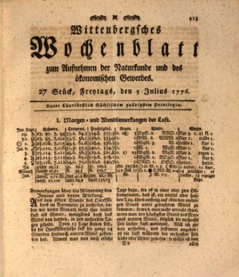 Wittenbergsches Wochenblatt zum Aufnehmen der Naturkunde und des ökonomischen Gewerbes Freitag 5. Juli 1776