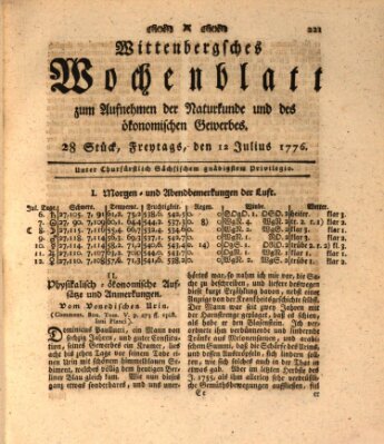 Wittenbergsches Wochenblatt zum Aufnehmen der Naturkunde und des ökonomischen Gewerbes Freitag 12. Juli 1776