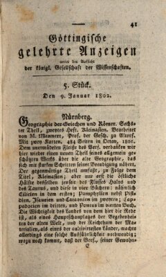 Göttingische gelehrte Anzeigen (Göttingische Zeitungen von gelehrten Sachen) Samstag 9. Januar 1802
