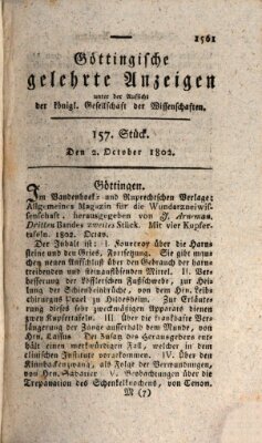 Göttingische gelehrte Anzeigen (Göttingische Zeitungen von gelehrten Sachen) Samstag 2. Oktober 1802