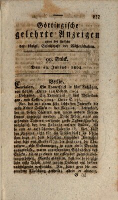 Göttingische gelehrte Anzeigen (Göttingische Zeitungen von gelehrten Sachen) Samstag 23. Juni 1804