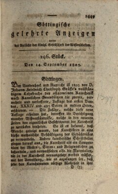Göttingische gelehrte Anzeigen (Göttingische Zeitungen von gelehrten Sachen) Samstag 14. September 1805