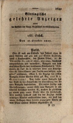 Göttingische gelehrte Anzeigen (Göttingische Zeitungen von gelehrten Sachen) Samstag 17. Oktober 1807