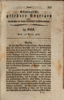 Göttingische gelehrte Anzeigen (Göttingische Zeitungen von gelehrten Sachen) Samstag 10. März 1810