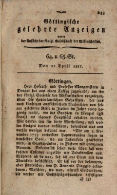 Göttingische gelehrte Anzeigen (Göttingische Zeitungen von gelehrten Sachen) Montag 22. April 1811