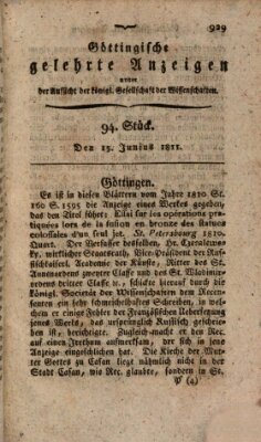 Göttingische gelehrte Anzeigen (Göttingische Zeitungen von gelehrten Sachen) Samstag 15. Juni 1811