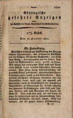 Göttingische gelehrte Anzeigen (Göttingische Zeitungen von gelehrten Sachen) Donnerstag 31. Oktober 1811