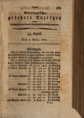 Göttingische gelehrte Anzeigen (Göttingische Zeitungen von gelehrten Sachen) Samstag 7. März 1812