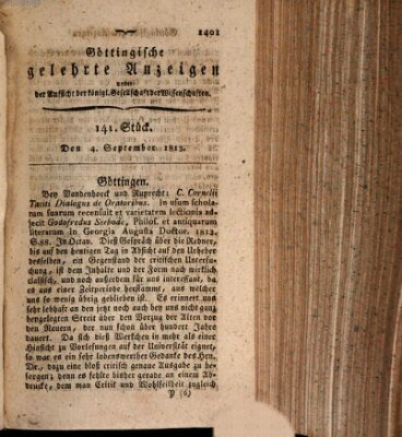 Göttingische gelehrte Anzeigen (Göttingische Zeitungen von gelehrten Sachen) Samstag 4. September 1813