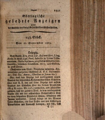 Göttingische gelehrte Anzeigen (Göttingische Zeitungen von gelehrten Sachen) Samstag 11. September 1813