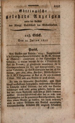 Göttingische gelehrte Anzeigen (Göttingische Zeitungen von gelehrten Sachen) Samstag 22. Juli 1815