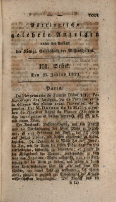 Göttingische gelehrte Anzeigen (Göttingische Zeitungen von gelehrten Sachen) Montag 25. Juni 1821