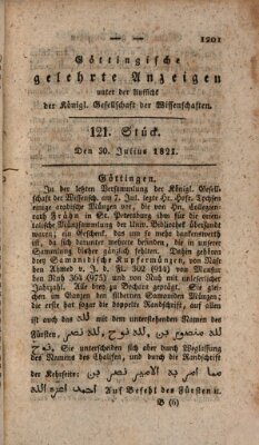 Göttingische gelehrte Anzeigen (Göttingische Zeitungen von gelehrten Sachen) Montag 30. Juli 1821
