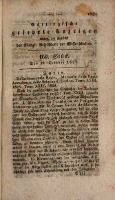 Göttingische gelehrte Anzeigen (Göttingische Zeitungen von gelehrten Sachen) Montag 22. Oktober 1821
