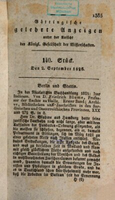 Göttingische gelehrte Anzeigen (Göttingische Zeitungen von gelehrten Sachen) Samstag 2. September 1826