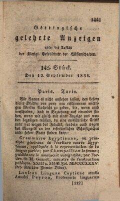 Göttingische gelehrte Anzeigen (Göttingische Zeitungen von gelehrten Sachen) Montag 12. September 1836