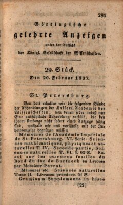 Göttingische gelehrte Anzeigen (Göttingische Zeitungen von gelehrten Sachen) Montag 20. Februar 1837