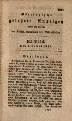 Göttingische gelehrte Anzeigen (Göttingische Zeitungen von gelehrten Sachen) Montag 3. Juli 1837