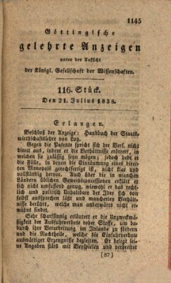 Göttingische gelehrte Anzeigen (Göttingische Zeitungen von gelehrten Sachen) Samstag 21. Juli 1838