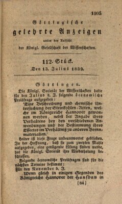 Göttingische gelehrte Anzeigen (Göttingische Zeitungen von gelehrten Sachen) Samstag 13. Juli 1839