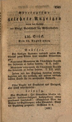 Göttingische gelehrte Anzeigen (Göttingische Zeitungen von gelehrten Sachen) Samstag 24. August 1839