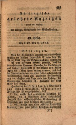 Göttingische gelehrte Anzeigen (Göttingische Zeitungen von gelehrten Sachen) Montag 29. März 1841