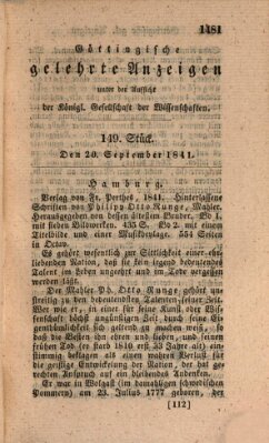 Göttingische gelehrte Anzeigen (Göttingische Zeitungen von gelehrten Sachen) Montag 20. September 1841