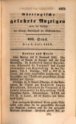 Göttingische gelehrte Anzeigen (Göttingische Zeitungen von gelehrten Sachen) Montag 8. Juli 1850