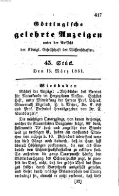 Göttingische gelehrte Anzeigen (Göttingische Zeitungen von gelehrten Sachen) Samstag 15. März 1851