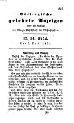 Göttingische gelehrte Anzeigen (Göttingische Zeitungen von gelehrten Sachen) Donnerstag 3. April 1851