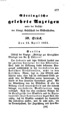 Göttingische gelehrte Anzeigen (Göttingische Zeitungen von gelehrten Sachen) Samstag 12. April 1851