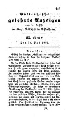 Göttingische gelehrte Anzeigen (Göttingische Zeitungen von gelehrten Sachen) Samstag 24. Mai 1851