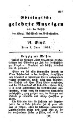 Göttingische gelehrte Anzeigen (Göttingische Zeitungen von gelehrten Sachen) Samstag 7. Juni 1851