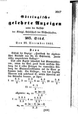 Göttingische gelehrte Anzeigen (Göttingische Zeitungen von gelehrten Sachen) Samstag 20. Dezember 1851
