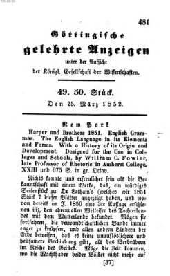 Göttingische gelehrte Anzeigen (Göttingische Zeitungen von gelehrten Sachen) Donnerstag 25. März 1852