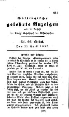 Göttingische gelehrte Anzeigen (Göttingische Zeitungen von gelehrten Sachen) Donnerstag 22. April 1852
