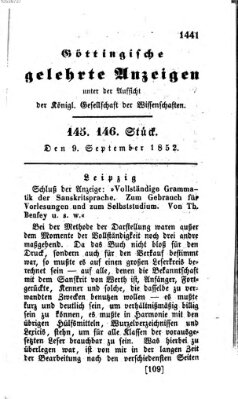 Göttingische gelehrte Anzeigen (Göttingische Zeitungen von gelehrten Sachen) Donnerstag 9. September 1852