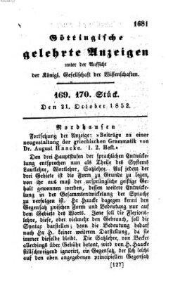 Göttingische gelehrte Anzeigen (Göttingische Zeitungen von gelehrten Sachen) Donnerstag 21. Oktober 1852