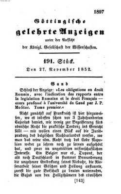 Göttingische gelehrte Anzeigen (Göttingische Zeitungen von gelehrten Sachen) Samstag 27. November 1852
