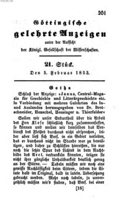 Göttingische gelehrte Anzeigen (Göttingische Zeitungen von gelehrten Sachen) Samstag 5. Februar 1853