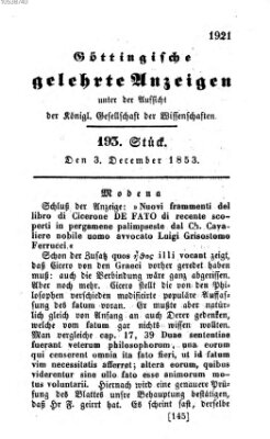 Göttingische gelehrte Anzeigen (Göttingische Zeitungen von gelehrten Sachen) Samstag 3. Dezember 1853