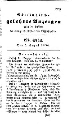 Göttingische gelehrte Anzeigen (Göttingische Zeitungen von gelehrten Sachen) Samstag 5. August 1854
