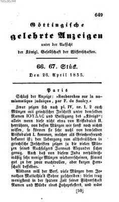 Göttingische gelehrte Anzeigen (Göttingische Zeitungen von gelehrten Sachen) Donnerstag 26. April 1855