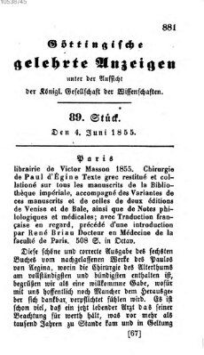 Göttingische gelehrte Anzeigen (Göttingische Zeitungen von gelehrten Sachen) Montag 4. Juni 1855