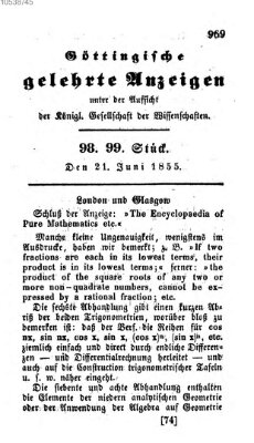 Göttingische gelehrte Anzeigen (Göttingische Zeitungen von gelehrten Sachen) Donnerstag 21. Juni 1855