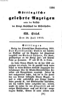Göttingische gelehrte Anzeigen (Göttingische Zeitungen von gelehrten Sachen) Montag 30. Juli 1855
