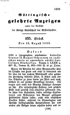 Göttingische gelehrte Anzeigen (Göttingische Zeitungen von gelehrten Sachen) Montag 20. August 1855