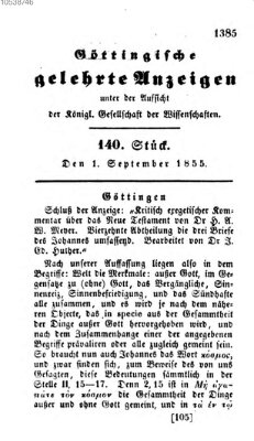Göttingische gelehrte Anzeigen (Göttingische Zeitungen von gelehrten Sachen) Samstag 1. September 1855